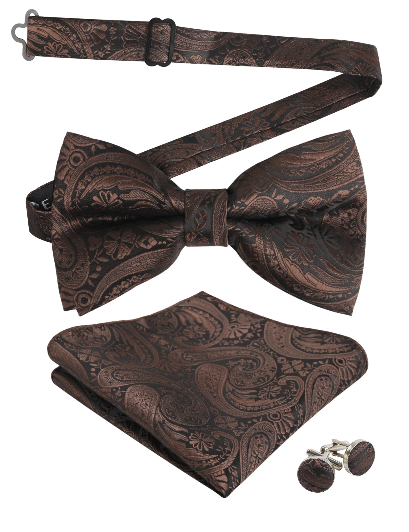 Men's Paisley Bow Tie, Hanky and Cufflinks Set (Coffee)(Size: One Size)