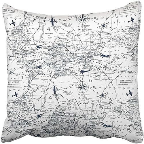 SPXUBZ Funda de almohada vintage simple con estampado de mapa de aviación mundial en blanco y negro, decoración del hogar, bonito regalo, funda