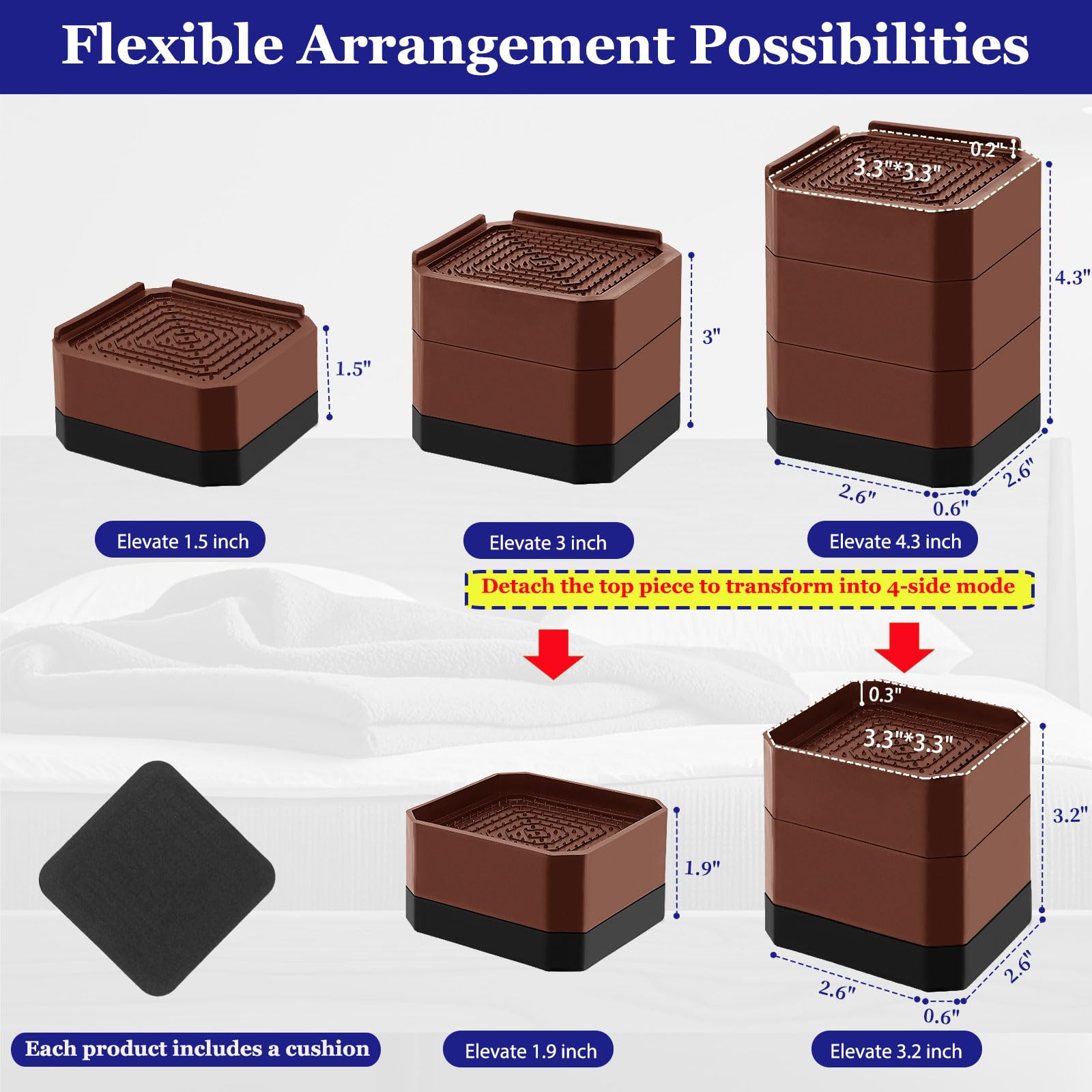 Bed Risers Heavy Duty, Adjustable Furniture Riser Blocks Lift 1.5, 3, 4.3 inches for Couch Table Desk Sofa Chair Legs, Refrigerator, Washing Machine - Support up to 4000 lbs (Brown 4 Pack, 1.5 inch)