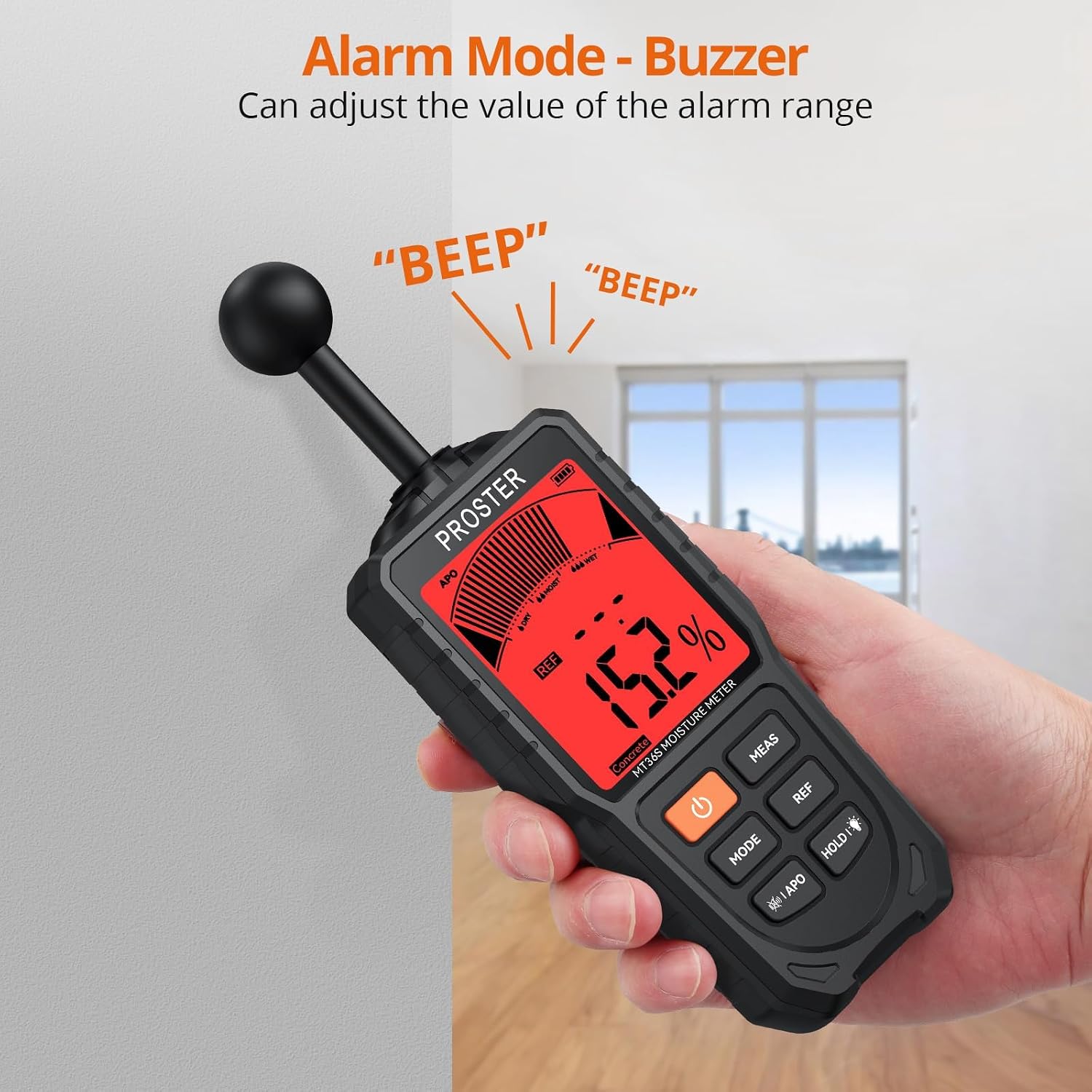 Proster moisture meter displaying a high moisture reading with an audible alarm