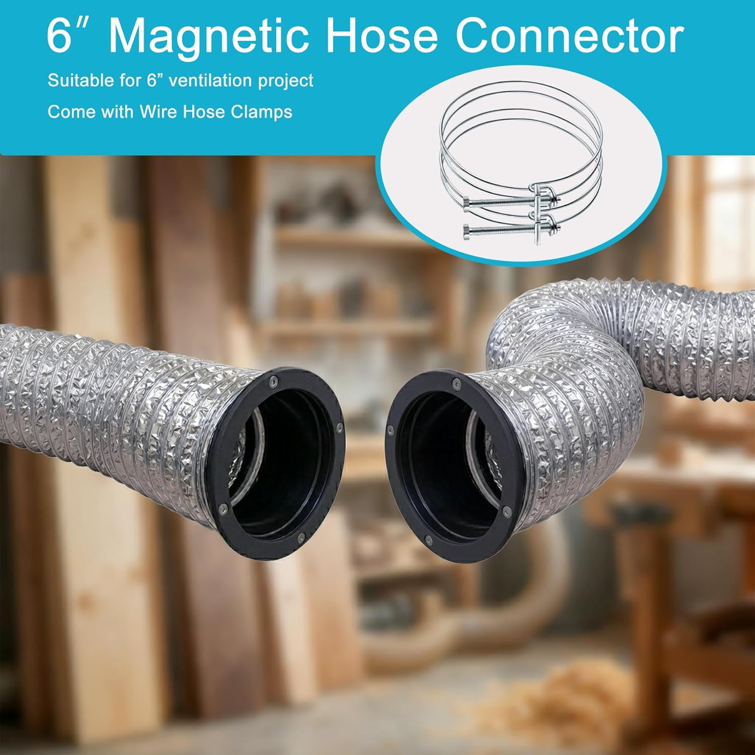 6" Magnetic Hose Connector, Quick Snap Coupler for Tight Space and Hard-to-reach Spot, Suitable for Grow Tent, HVAC Ventilation, Dryer and Other 6" Hose Connection Project，Come with Wire Hose Clamps