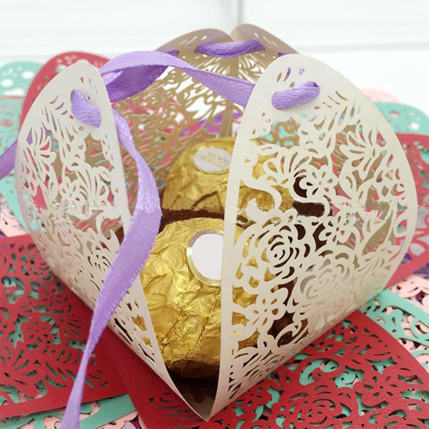 Auto-plaza 50 Pieces Beauty Laser Cut Favor Boxes DIY Wedding Birthday Gift Candy Boxes with Ribbons (Red) - Image 4