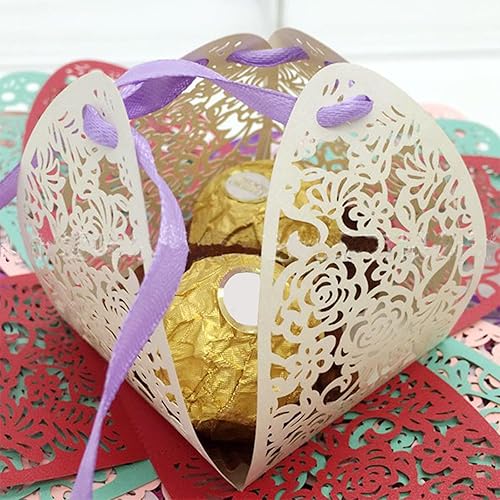 Miniatura 3 de Auto-plaza 50 cajas de regalo de belleza cortadas con láser, cajas de dulces con cintas (rojo)