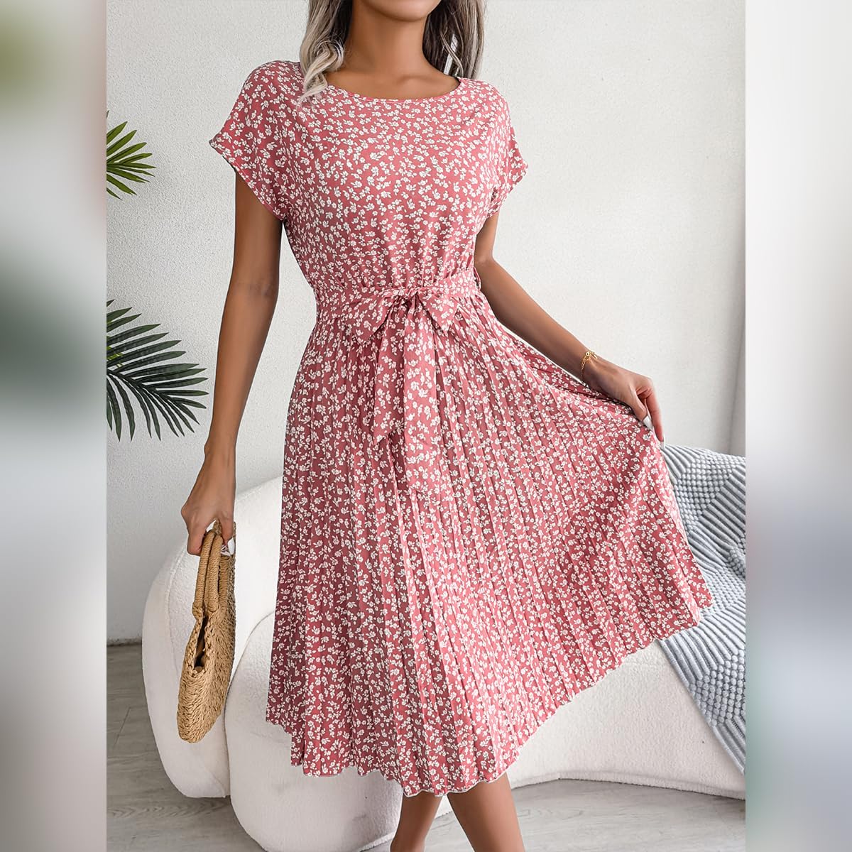 IDOPIP Women Floral Pleated Dress Summer Casual A-Line Flowy Midi Dress Formal Wedding Guest Dress 2024 Trendy Swing Dres - Image 3