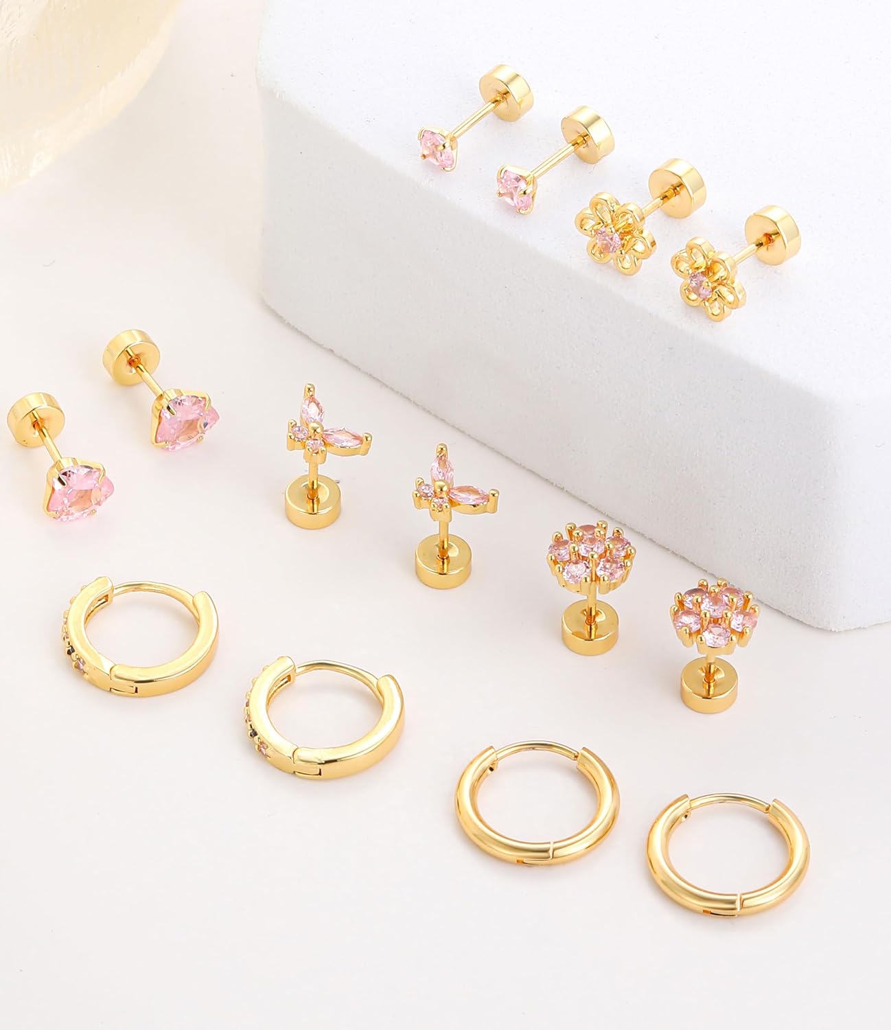 AKEOQI 10 Pairs Hypoallergenic Flat Back Earrings Gold Silver Plated Surgical Steel Small Stud Huggie Hoop Earring for Women Butterfly Flower Heart Bow Pink CZ Stack Cartilage Earrings Set 20G 10 MM