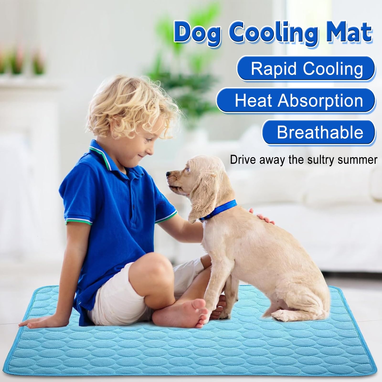 LONGCAO Tappetino Raffreddamento Cane Gatto 150 x 100 cm Gel Non Tossico Lavabile, Antiscivolo, Morbido, Comodità Tappetino Refrigerante Cane Gatto per Cucce, Divani, Pavimenti, Blu