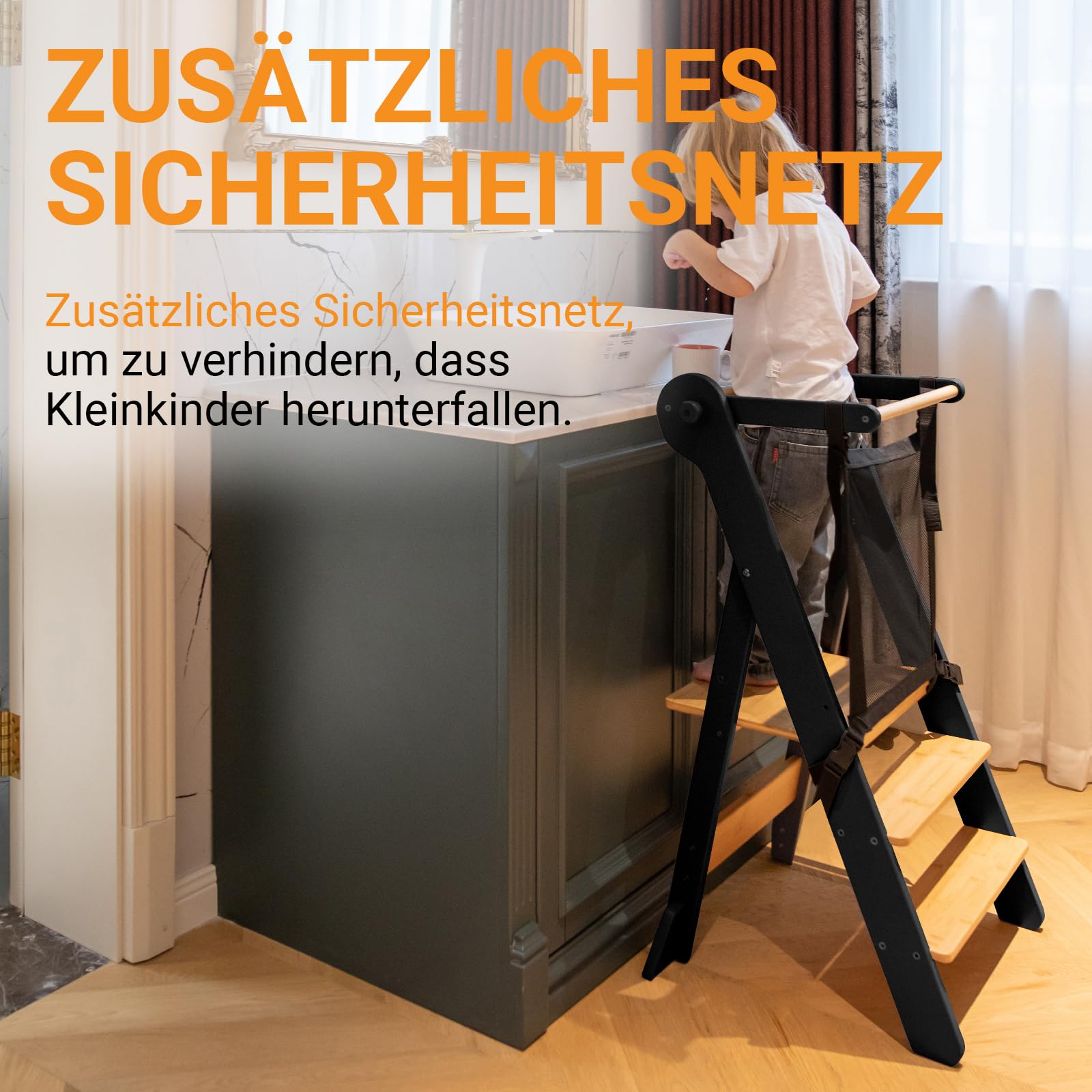 COSYLAND Lernturm ab 1 Jahr – Learning Tower 2-Fach höhenverstellbar & klappbar – Lernstuhl in Schwarz/Natur für Kinder – Montessori Stehturm aus Bambus – sicherer Tritthocker mit Kippschutz