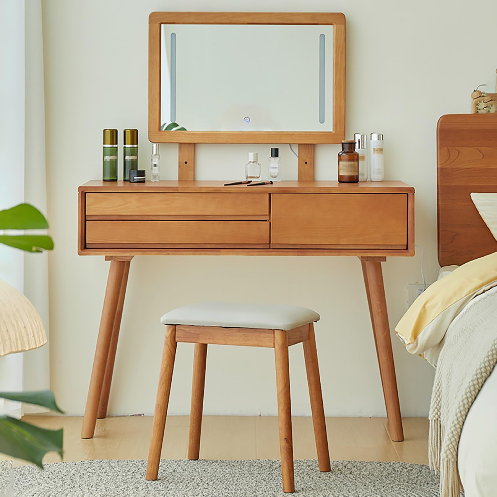 asdchZen Adjustable Mirror Makeup Vanity Desk With Stool, 3-Drawer Dressing Table Set For Women, Stylish Makeup Table, Space-Saving Wood Vanity Dresser,80cm/31.5in