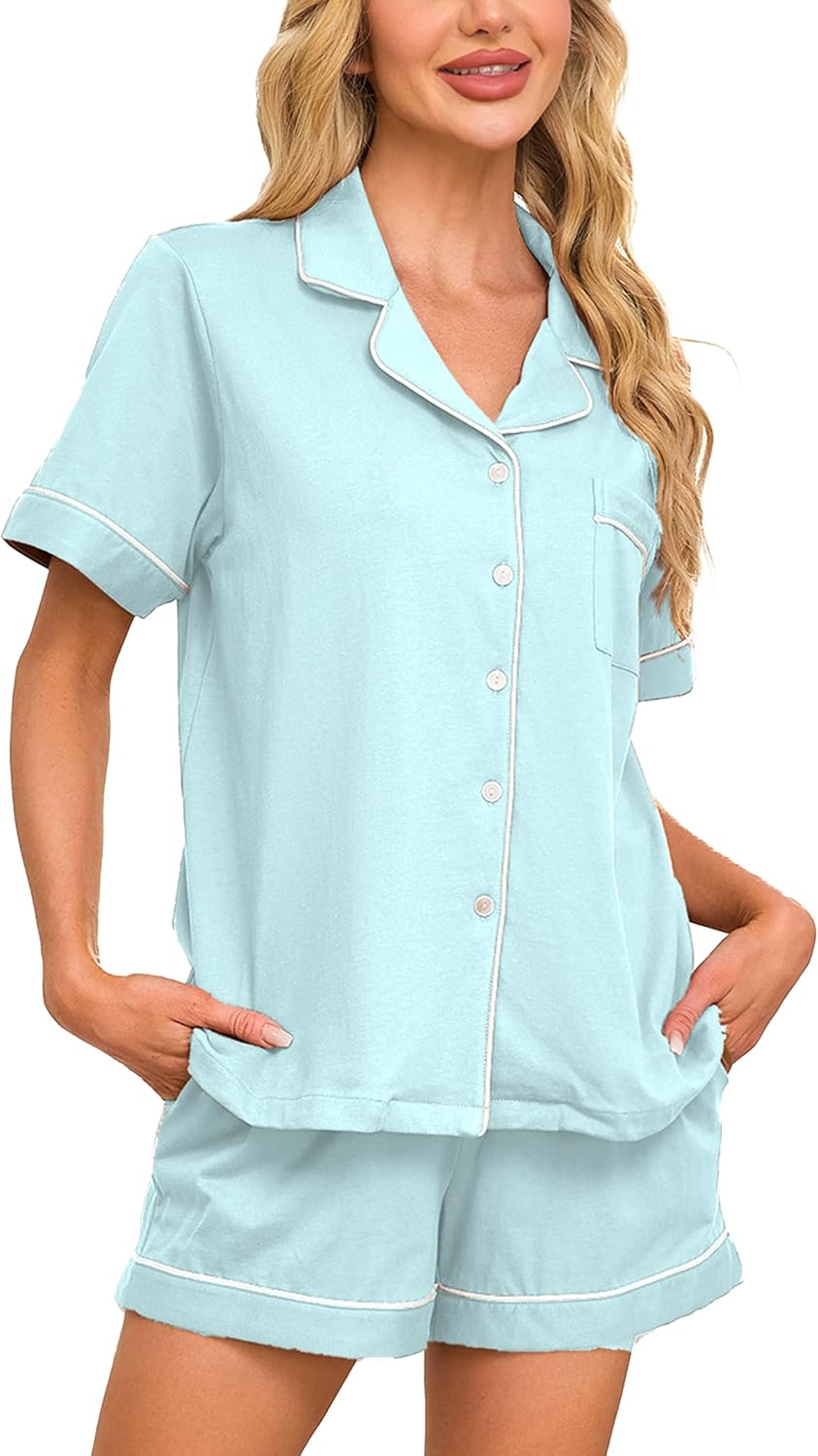 COLORFULLEAF Womens 100% Cotton Pajamas Set Short Sleeve Sleepwear Button Down Pjs Soft 2 Piece Lounge Set with Pockets S-XXL
