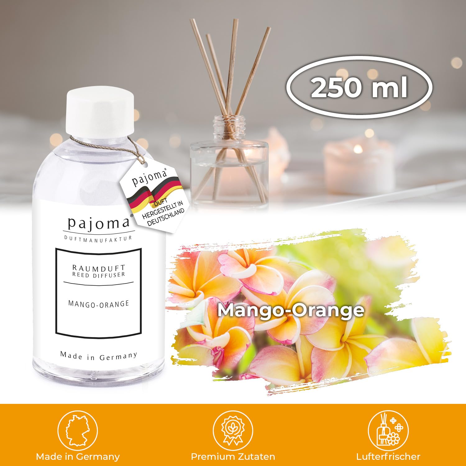 pajoma® Zapach do pomieszczeń, butelka uzupełniająca 250 ml, wkład do odświeżacza powietrza, intensywny i wysokiej jakości zapach w jakości premium (mango pomarańczowy)