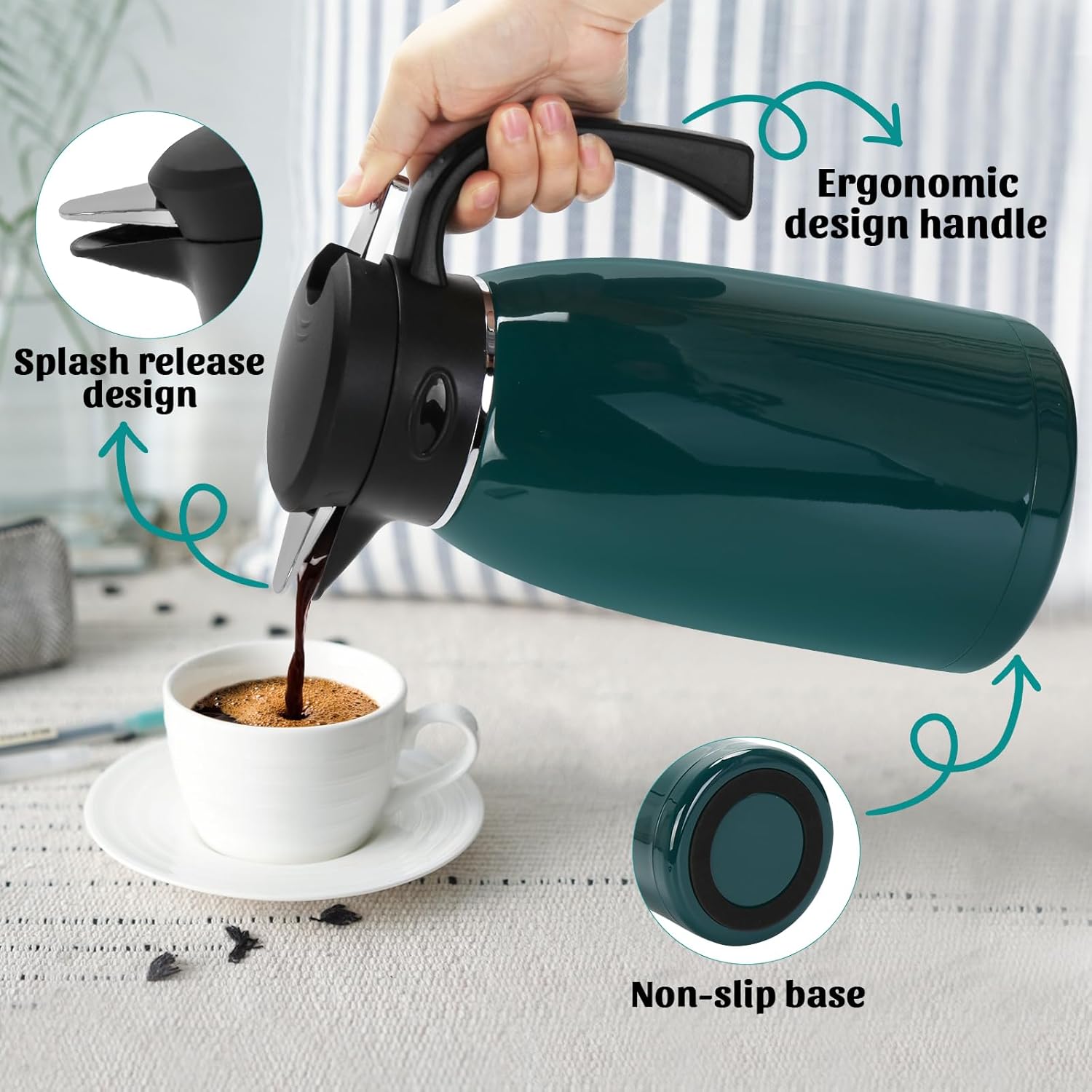70oz Thermal Coffee Carafe, 2L Double Wall Vacuum for Hot Drinks, Stainless Steel Carafe for Hot Liquids Large Tea for Home School Office (Glossy Emeralds)