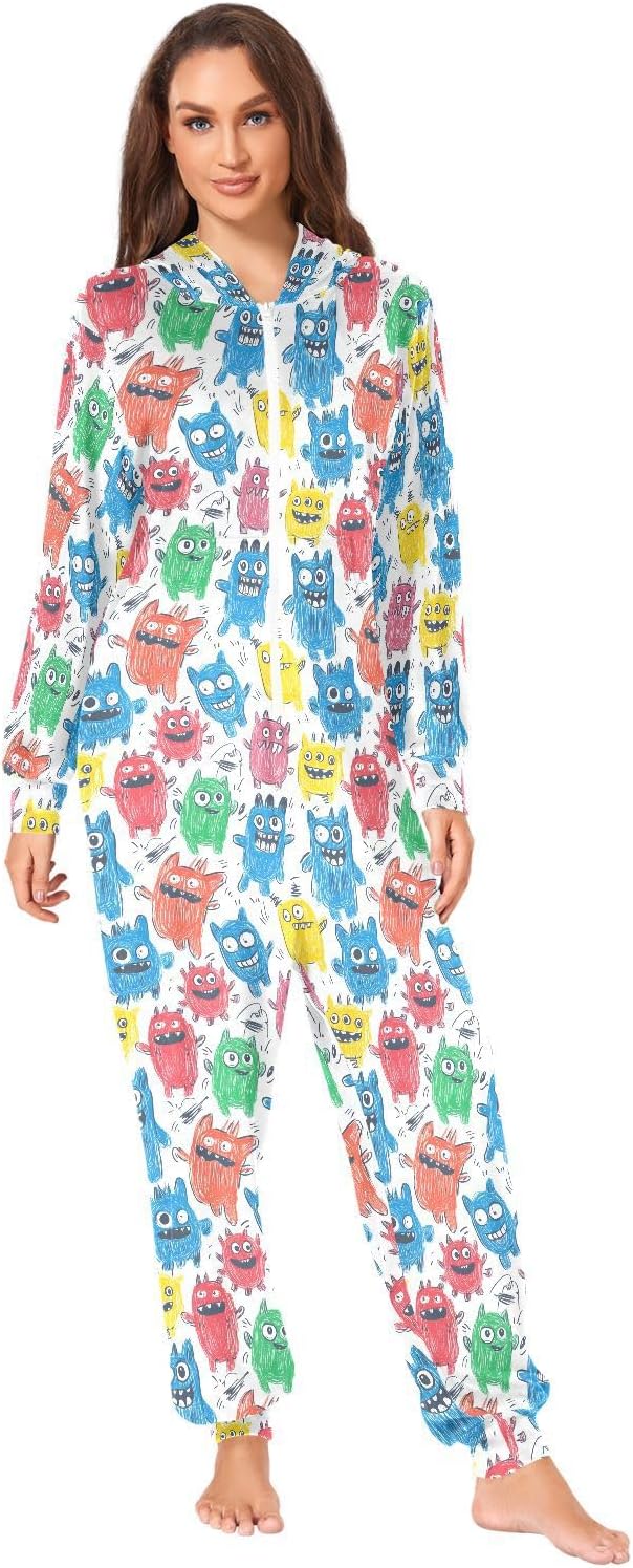 Doodle Colorful Monsters Crayons Zipper Hooded Adult Jumpsuit Pajamas with Pockets XS-3XL