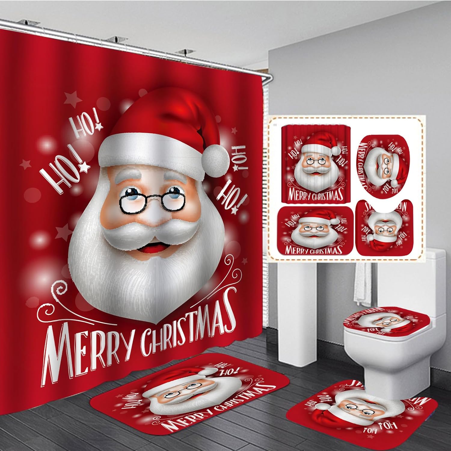 4Pcs Christmas Bathroom Sets with Shower Curtain, Rugs, Toilet Lid Cover and Bath Mat, Christmas Tree Santa Claus Snowman Gnome Chritsmas Shower Curtain Set for Winter Holiday Bathroom Decor (Set E)