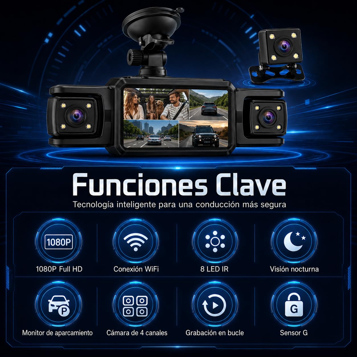 Dash CAM 4 Canales para Coche FHD 1080P, Cámara de Salpicadero 360° con Cámara Frontal, Trasera y Laterales, WiFi con App, Visión Nocturna, Sensor G, Modo Parking y Tarjeta SD 32GB Incluida