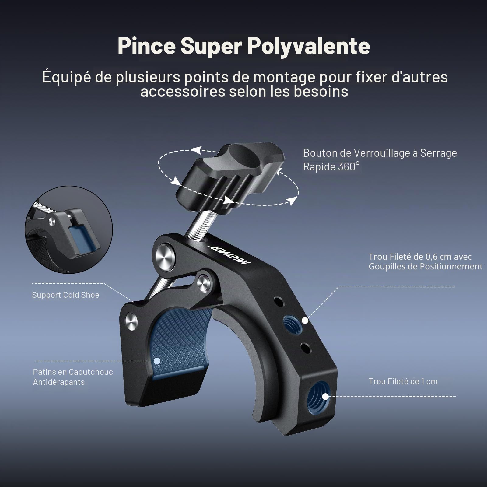 NEEWER Super Clamp Pince avec Sabot Froid et Trous Filetés 1/4" 3/8", Charge Max. 2 kg,Support en Forme de Crabe pour la Plupart des Accessoires de Photographie, Compatible avec SmallRig, Noir, ST84