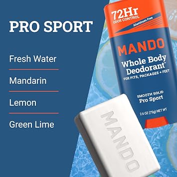 Mando Whole Body Deodorant 3 Piece System - 2.6 oz Smooth Solid Stick, 5.0 oz 4in1 Acidified Cleansing Bar, 15 ct Deodorant Wipes - Aluminum & Baking Soda Free Odor Control - 3 pc Bundle (Pro Sport)