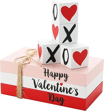 Valentines Day Decorations for Home Faux Books with XOXO Love Blocks Valentines Wooden Sign Book Stack Farmhouse Rustic Valentines Decor Tiered Tray Coffee Table Home Decor