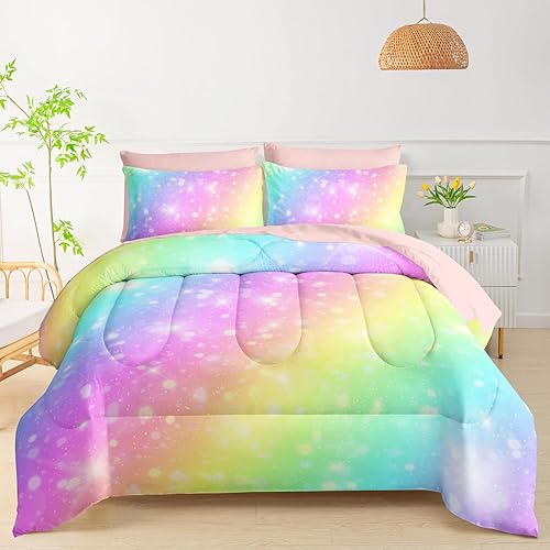 QOOMO Rainbow Gradient Room Decoration Comforter, Starlight Print 7 Piece Kids B