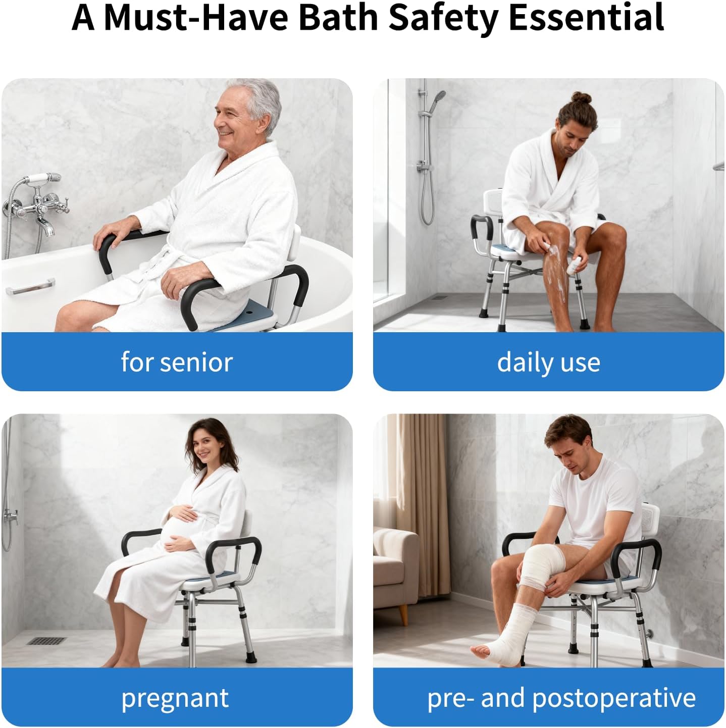 Heavy Duty Shower Chair for Inside Shower and Tub with Reinforced X-Bar, Padded Arms and Backrest, Height Adjustable, Ideal Shower Chair for Elderly and Disabled
