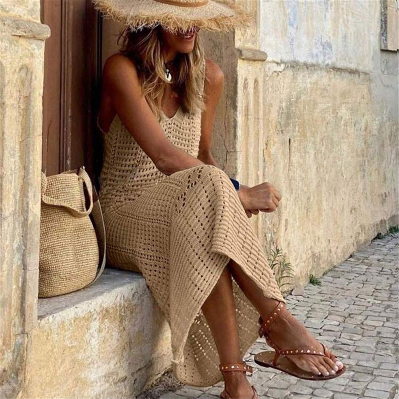 Elegante abito lungo in maglia scavata per costumi da bagno Beach Coverup Dress Comodo per feste in piscina e vacanze al mare