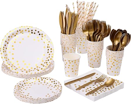 YAOSHENG 201 Party Supplies Set - Disposable Paper Dinnerware Serves 25 - Gold Dot Paper Plates Napkins Cups & Gold Plastic Silverware Sets for Wedding Bridal Shower Baby Shower Holiday Parties.