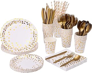 YAOSHENG 201 Party Supplies Set - Disposable Paper Dinnerware Serves 25 - Gold Dot Paper Plates Napkins Cups & Gold Plastic Silverware Sets for Wedding Bridal Shower Baby Shower Holiday Parties.