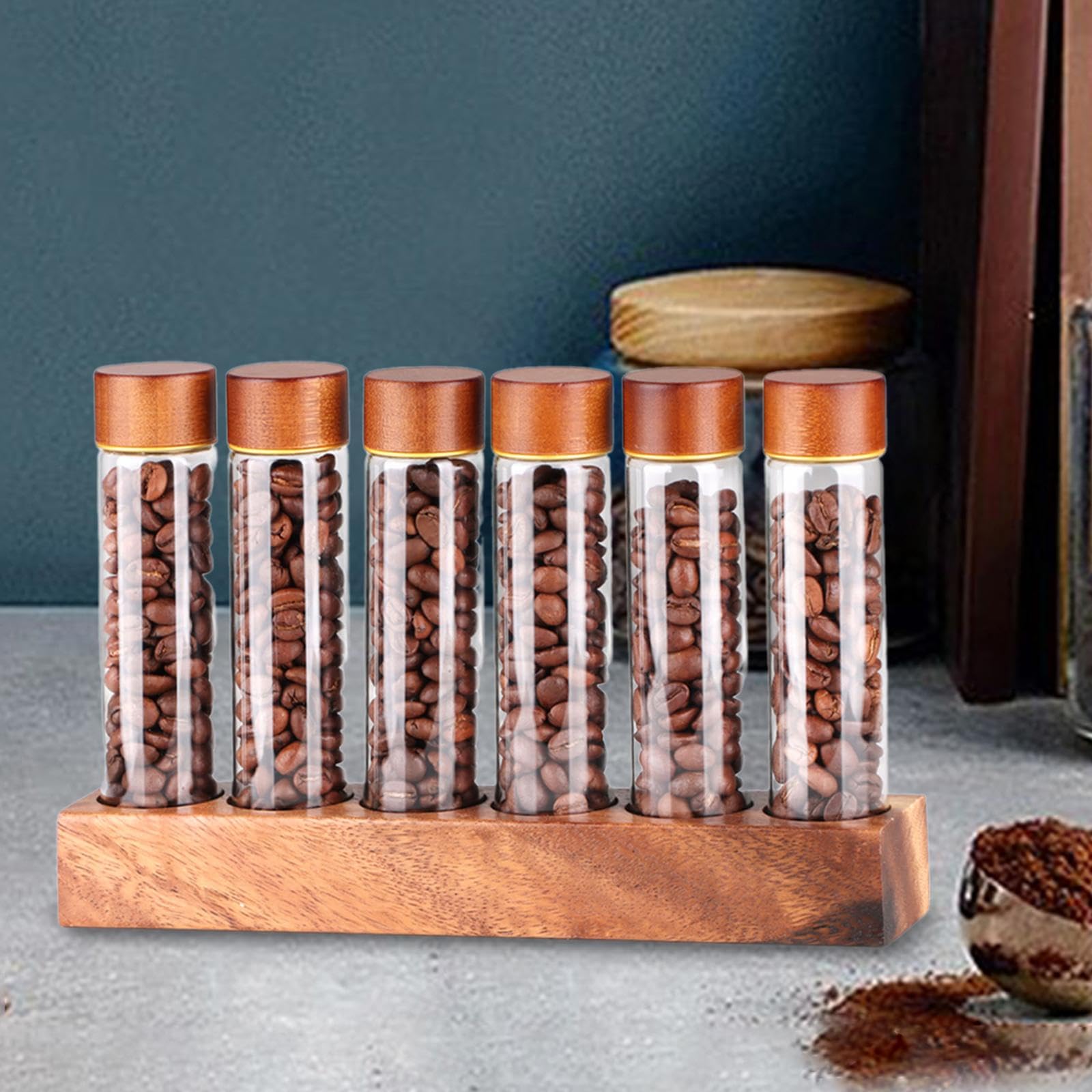 Reagenzglas für Kaffeebohnen, Aufbewahrungsröhrchen für Kaffeebohnen mit Deckel, Küchenbehälter für Kaffee mit Ablage für, 6 Löcher