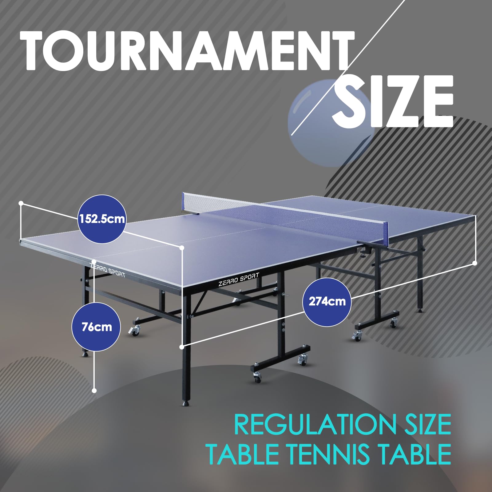 ZERRO Tischtennisplatte Klappbar Indoor,15 mm Dickes MDF, 274x152.5x76cm, Internationale Standardgröße inkl. Netz, Tischtennistisch, Ping Pong Tisch