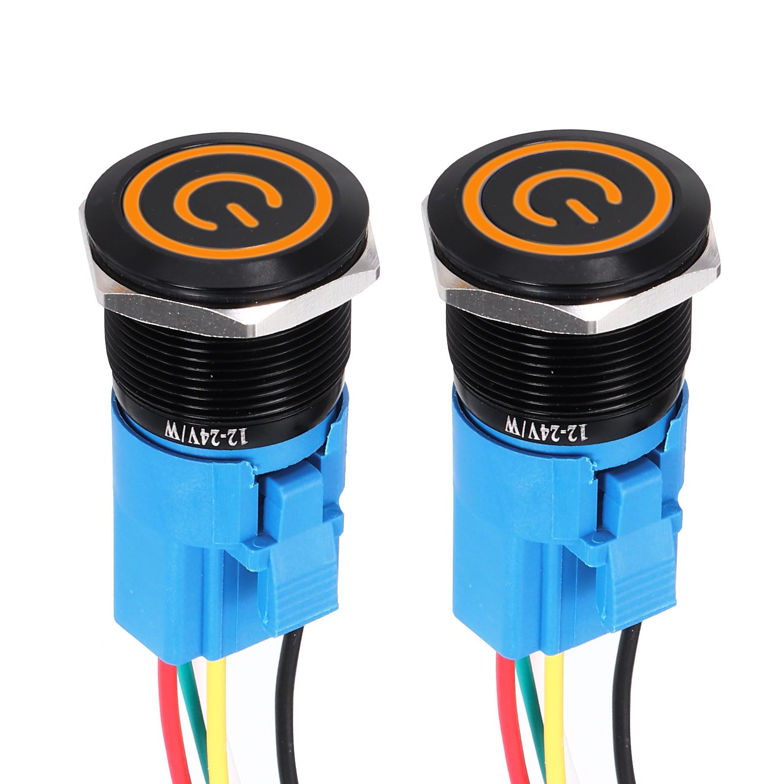 DMiotech 2 Pack 19mm / 3/4" Aluminium Alloy Momentary Push Button Switch Flat Head 3A 12-24V Black Shell 5 Pin with Cable Socket Orange Switch LED 1NO1NC for Car Boat Systems Custom Setups