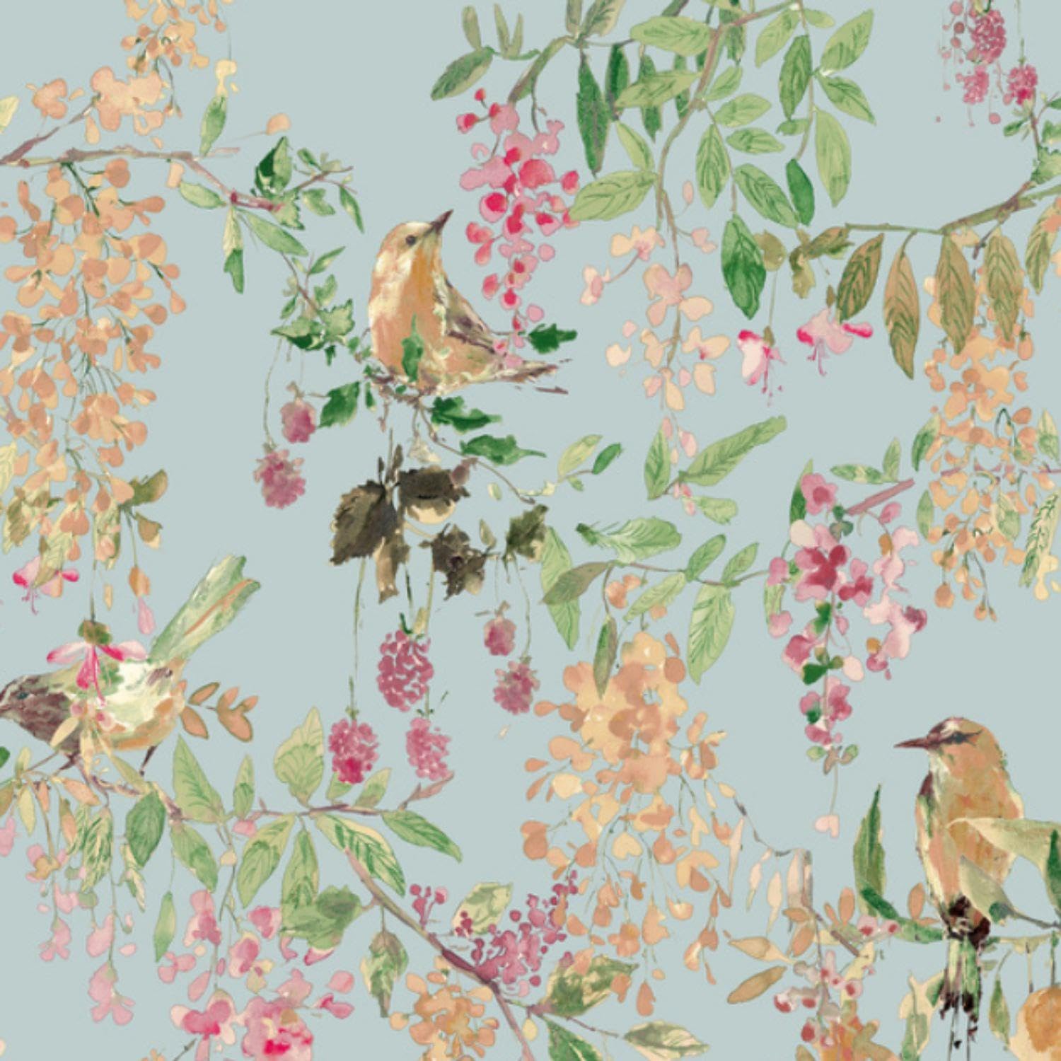 BlackBerry Trail Blue Wallpaper - Bird Wildflower Nature Botanical Floral - Traditional Pattern - Paste The Paper