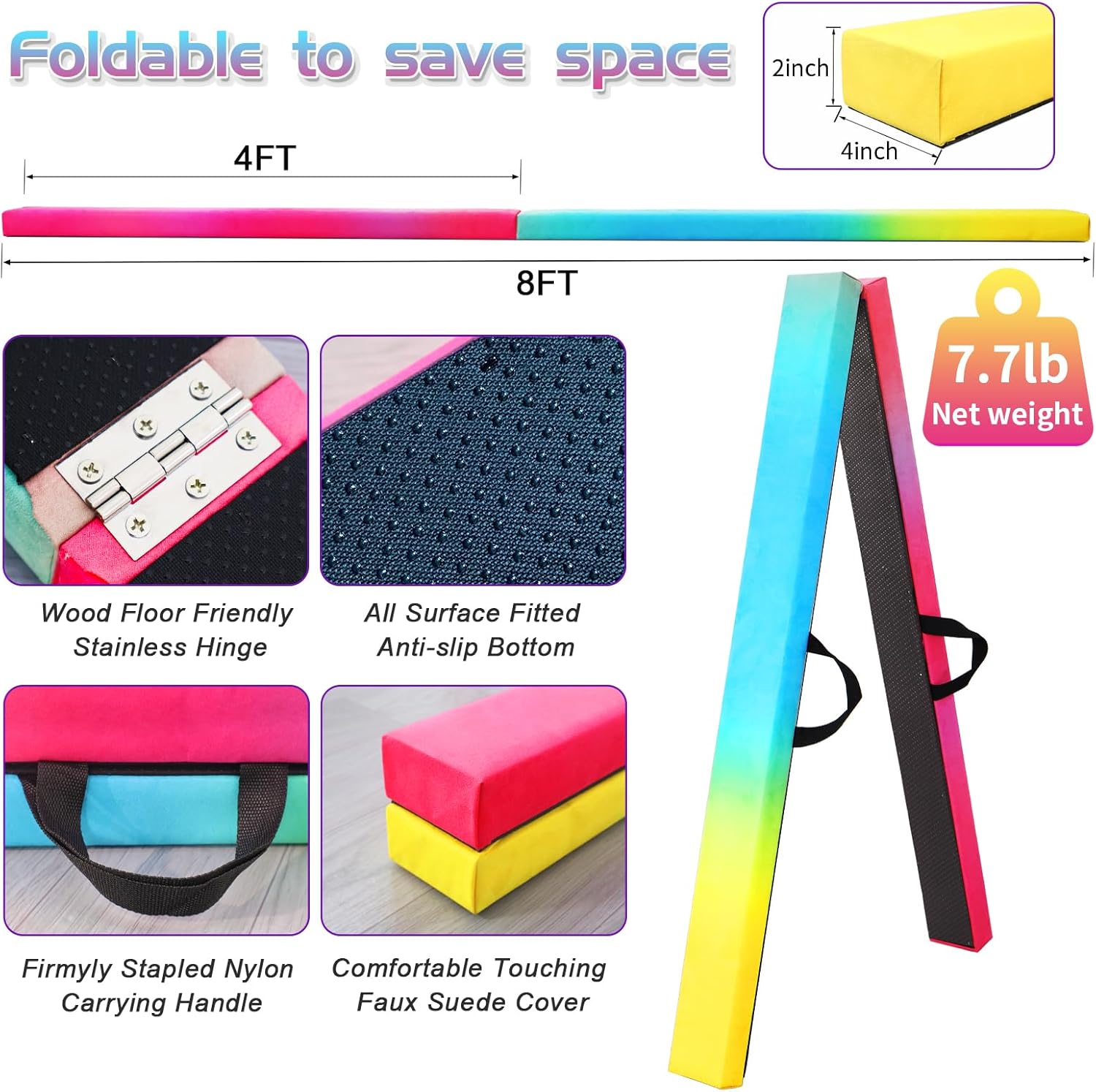 8ft folding balance beam -gymnastics floor beam -gymnastics equipment for kids,wood core- anti-slip bottom and carrying bag for home gradient rainbow