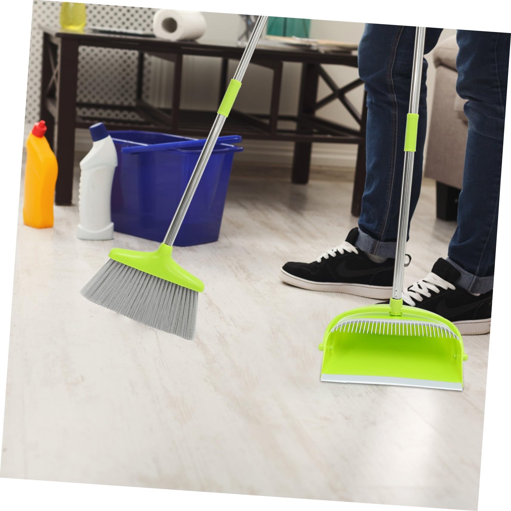 Escoba y Recogedor de Acero Inoxidable Verde, Kit, Herramienta de Limpieza para Suelos, Almacenamiento Compacto, para Hogar, Oficina y Uso Interior, Limpieza para Toda la Familia