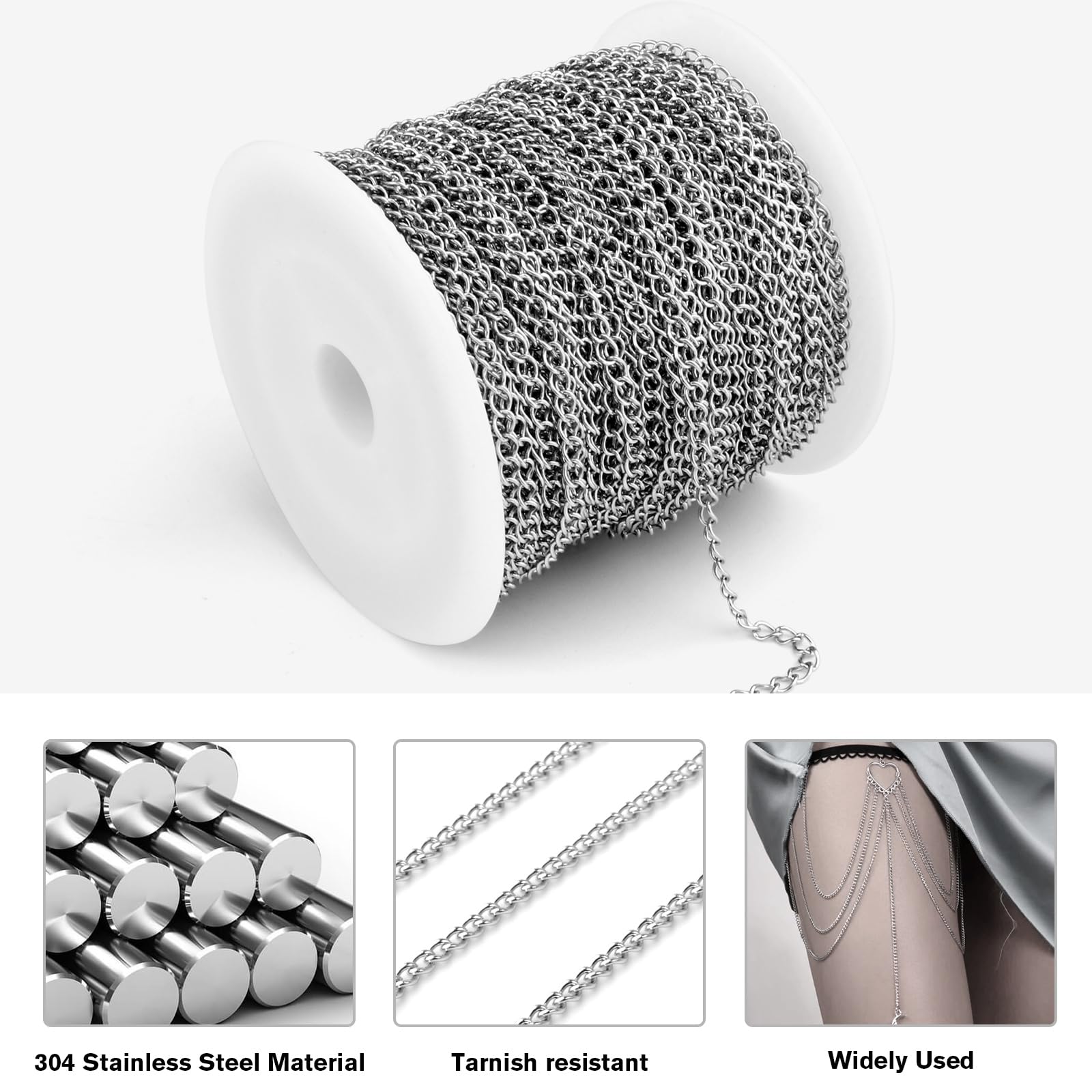 [66 pies/20 m] Cadena de eslabones trenzados de acero inoxidable 304 de 2,5 mm, cadena de eslabones trenzados a granel para hacer joyas, manualidades, collares, pulseras y extensores