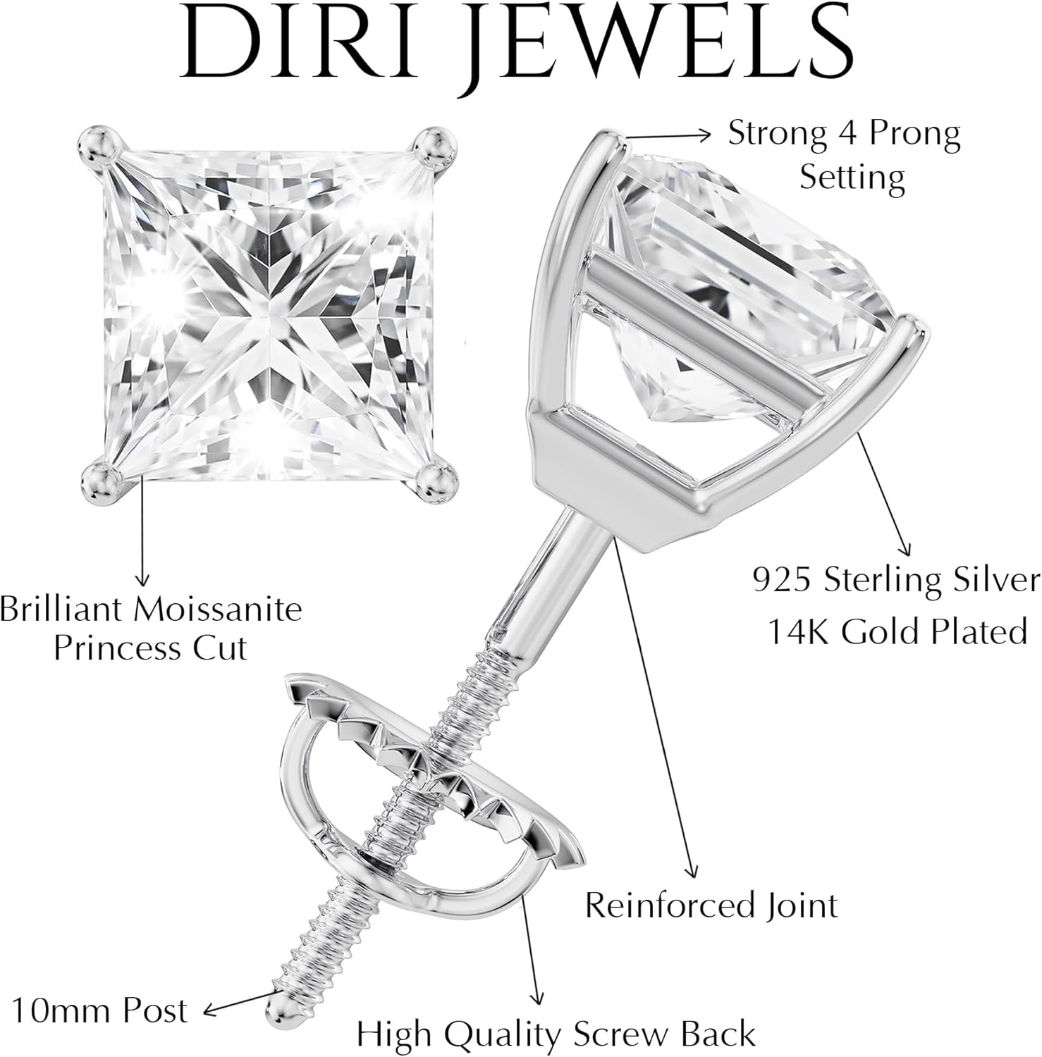 Luxury Valentine’s Day Moissanite Earrings Gift Set | 1CT Total Princess & Emerald Cut Stud Earrings | 14K White Gold Plated 925 Sterling Silver | Premium Jewelry Gift for Women - Image 4