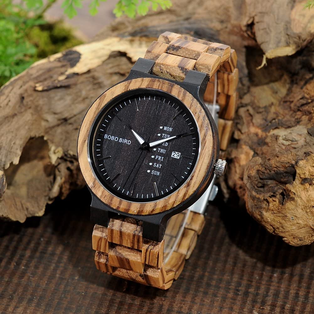 GUANKE Mens Wooden Watch Bamboo Handmade Quartz Watch Analog Zebra Lightweight Casual Wrist Watches
