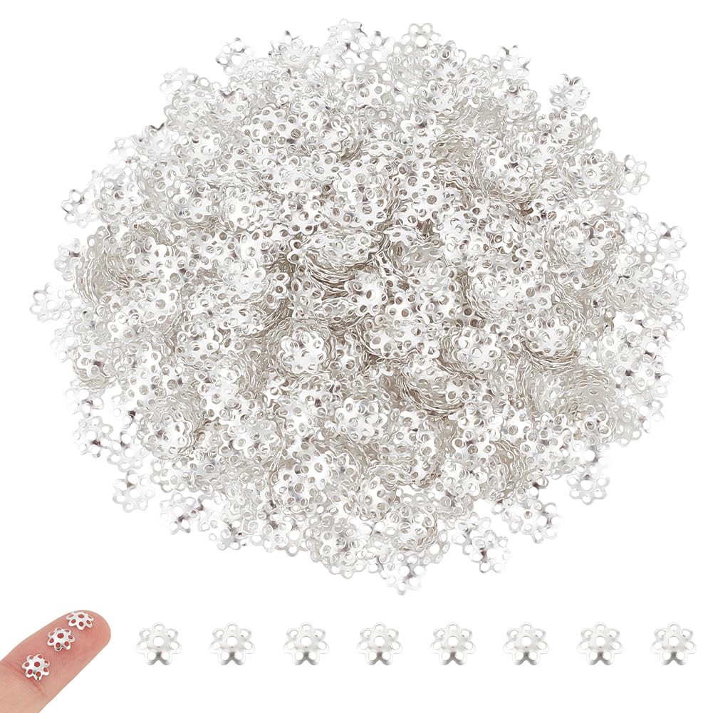 UNICRAFTALE About 2000Pcs Silver Beads Cap Filigree Loose Spacer Beads 6mm Iron Flower End Caps Metal Multi-Petal Bead Caps Necklace Making Bead for DIY Jewelry Making Crafts
