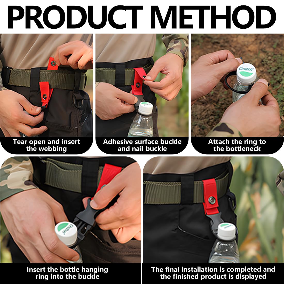 WeddHuis Set 2 Pezzi Porta Borraccia, Clip in Nylon per Cintura e Tasche, Ganci per Bottiglie d'Acqua con Moschettone, Accessorio Outdoor per Escursioni e Viaggi (Nero, Khaki)