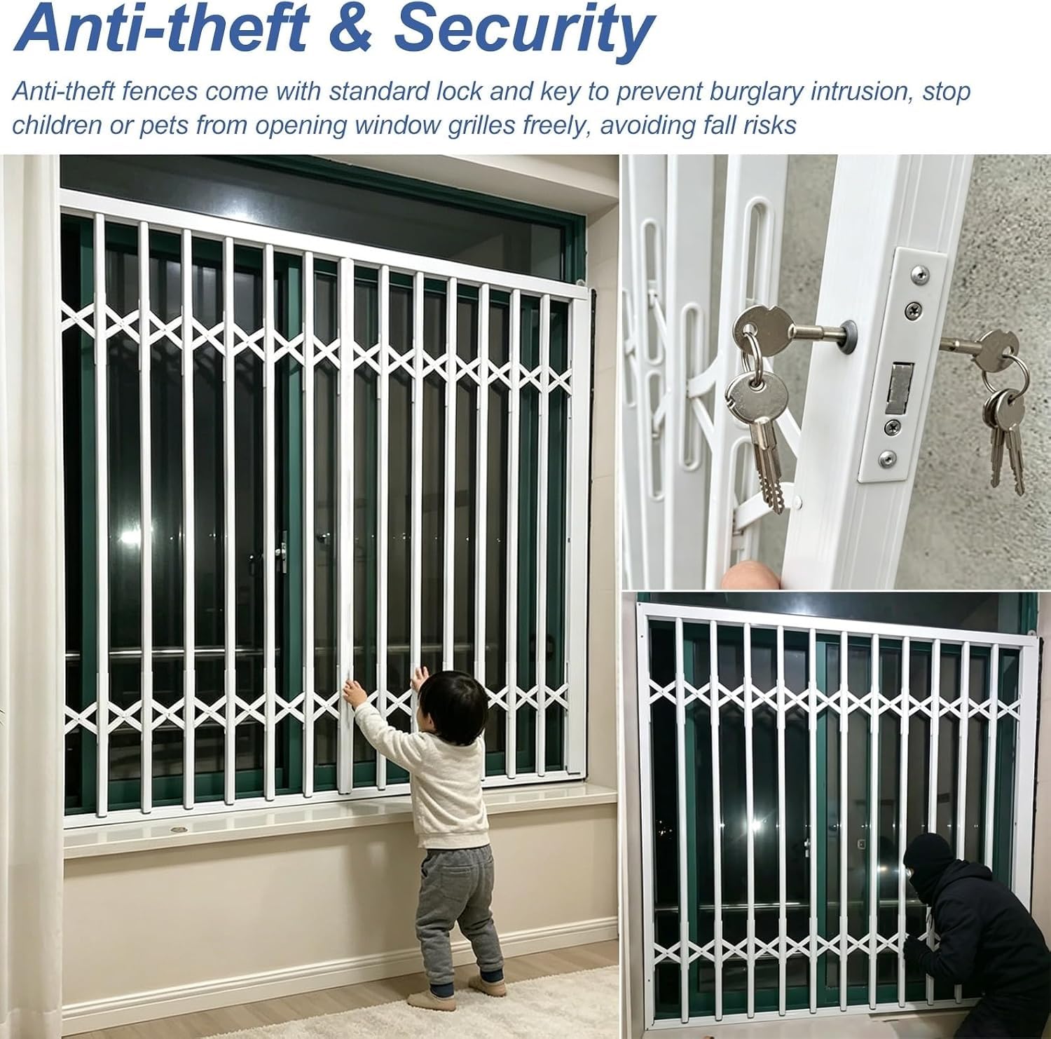 Ausziehbare Fenstersicherung, Push-Pull-Klappbarriere | Breite 100-150cm, Robustes Aluminium, Abschließbar, Für Erdgeschoss, Wohnung, Balkon(115x160CM/45x63in)