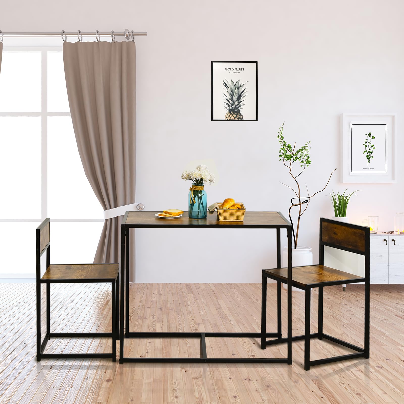 HOMASIS Ensemble de Bar 3 Pièces avec 2 Tabourets, Table de Bistrot avec Chaises, en Bois et Structure Métal, Design Industriel pour Cuisine