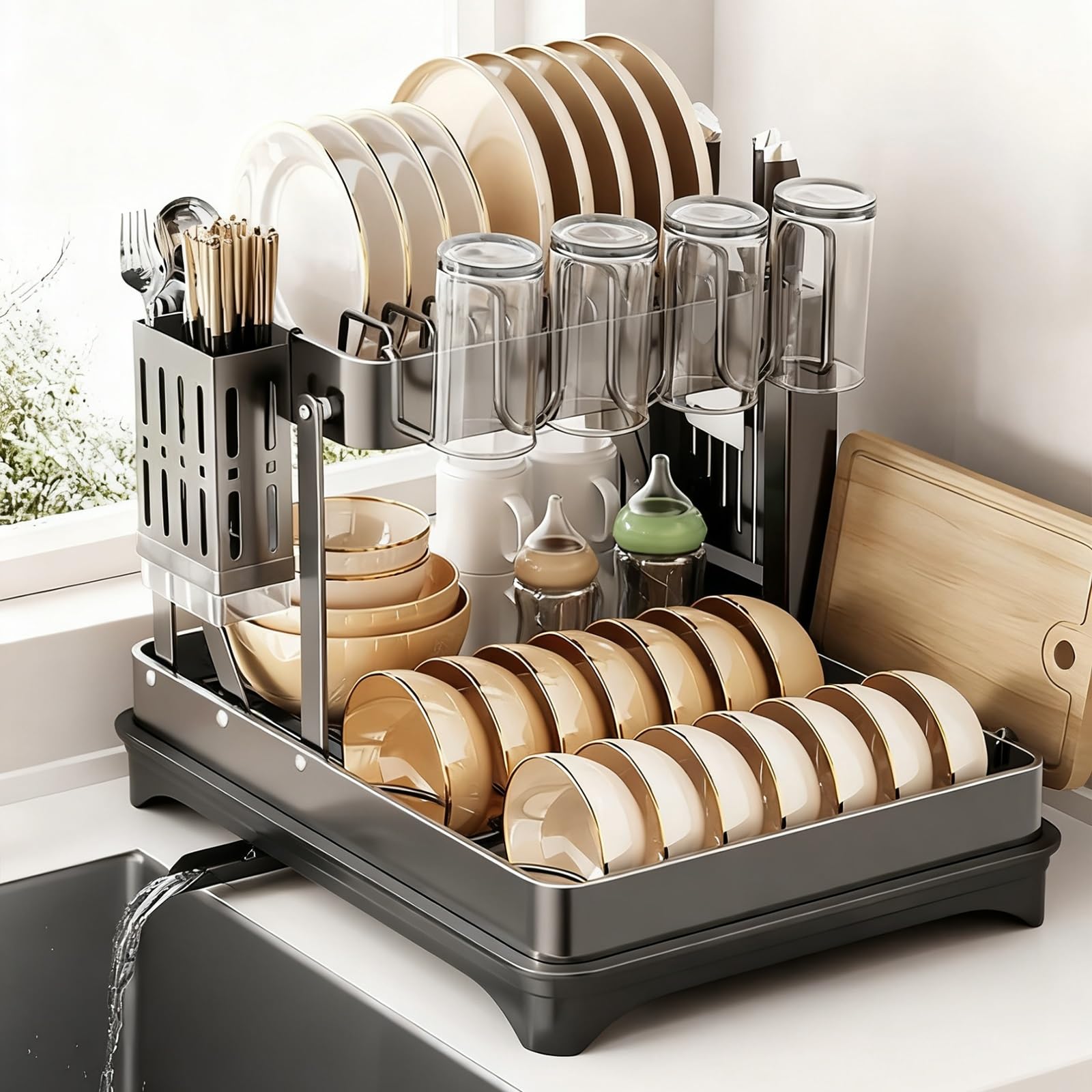 Porte-vaisselle en acier inoxydable pliable gris avec drain pour comptoir de cuisine