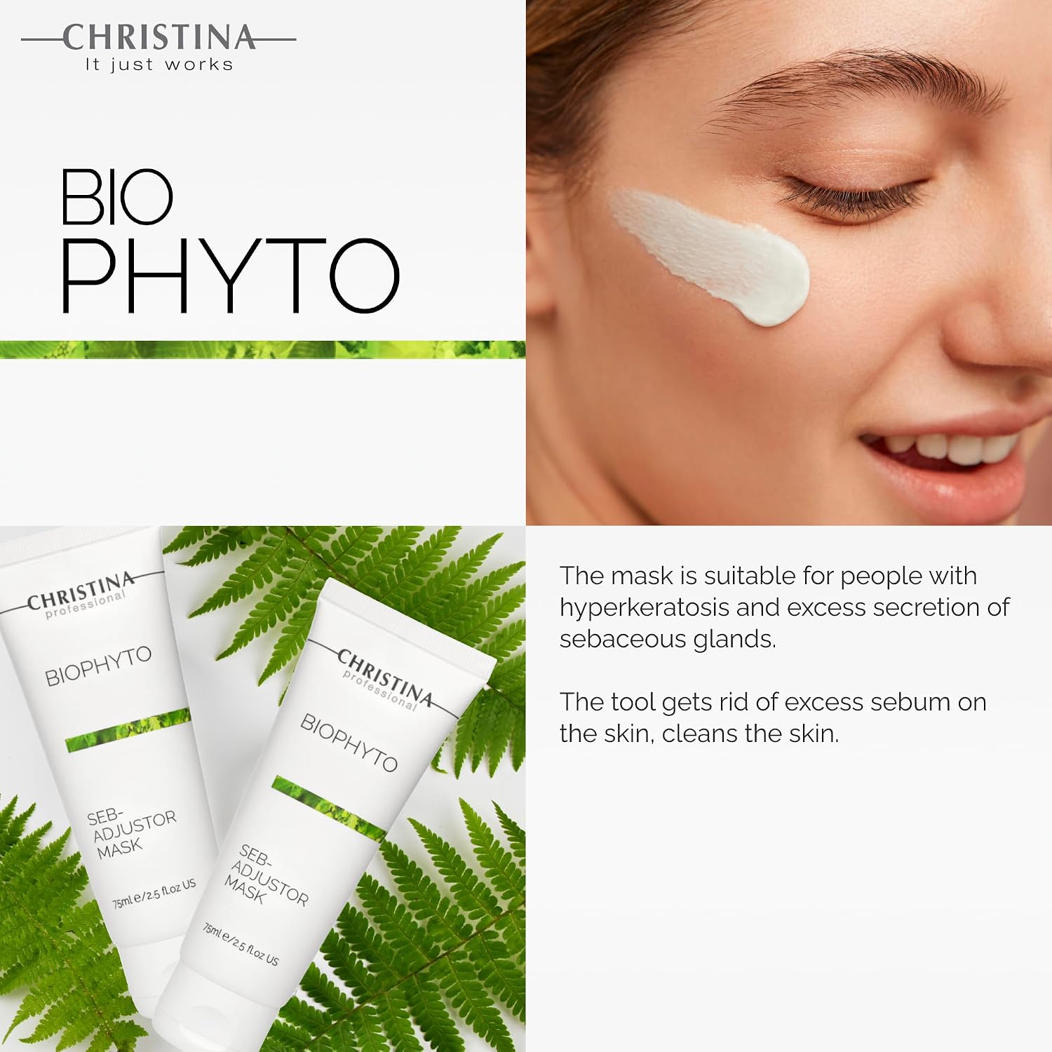 クリスティーナ Christina Bio Phyto Seb-Adjustor Facial Mask with Moisture Complex | Face Masks Skincare Targets Acne, Blackheads, and Oiliness | Clears and Balances Skin | Suitable for All Skin Types 75ml