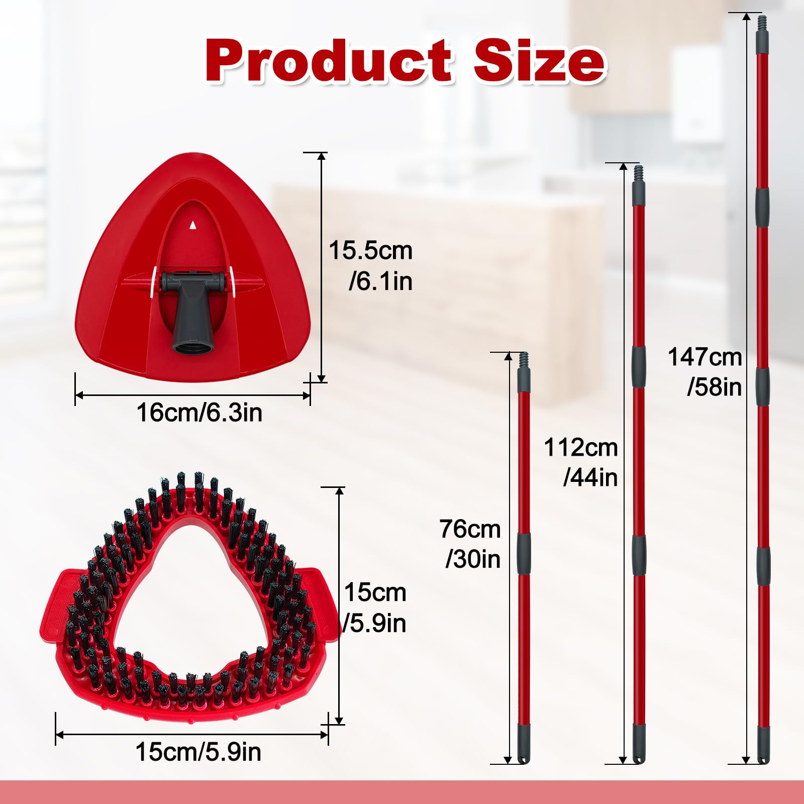 DLAIMI Mango de fregona de repuesto para Ocedar, 4 secciones de 30 a 58 pulgadas, longitud extensible, para recambios de fregonas giratorias Ocedar y limpieza de pisos, incluye base y cepillo para