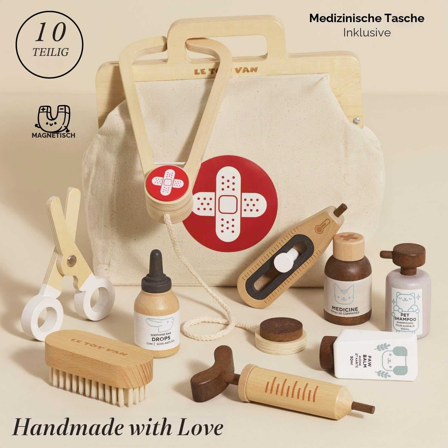 Le Toy Van Arztkoffer aus Holz für Kinder, 3 Jahre, Montessori Spielzeug, komplette Stofftasche, 10 Teile, inklusive Zubehör, FSC-zertifiziertes Holz