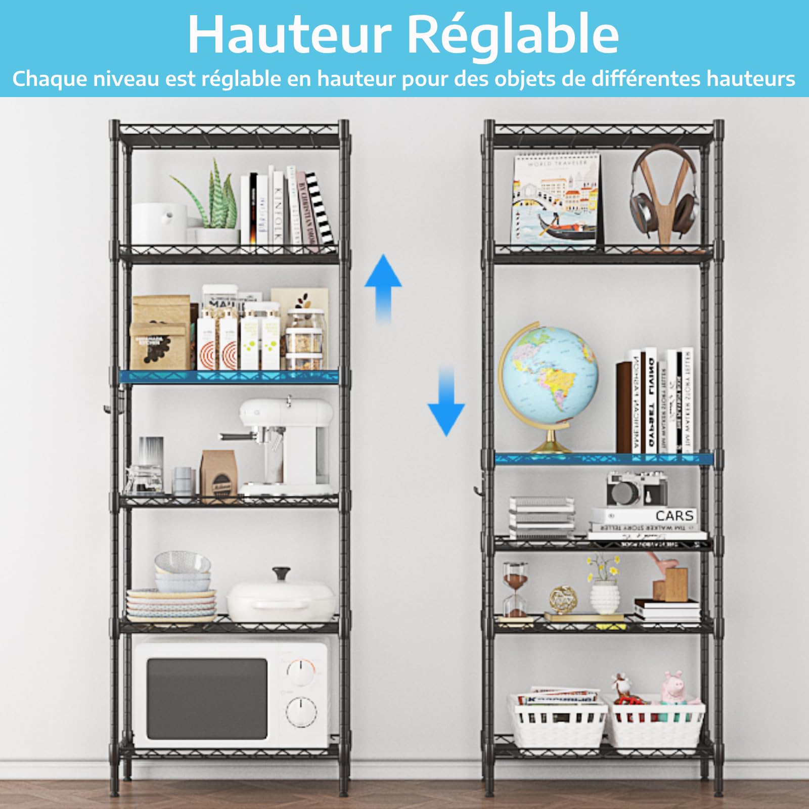 Himimi Étagère Etagere Rangement Etagere Garage 6 Niveaux Étagère de Cuisine en métal avec Crochets latéraux Chromé 54 x 29 x 160 cm,Noir