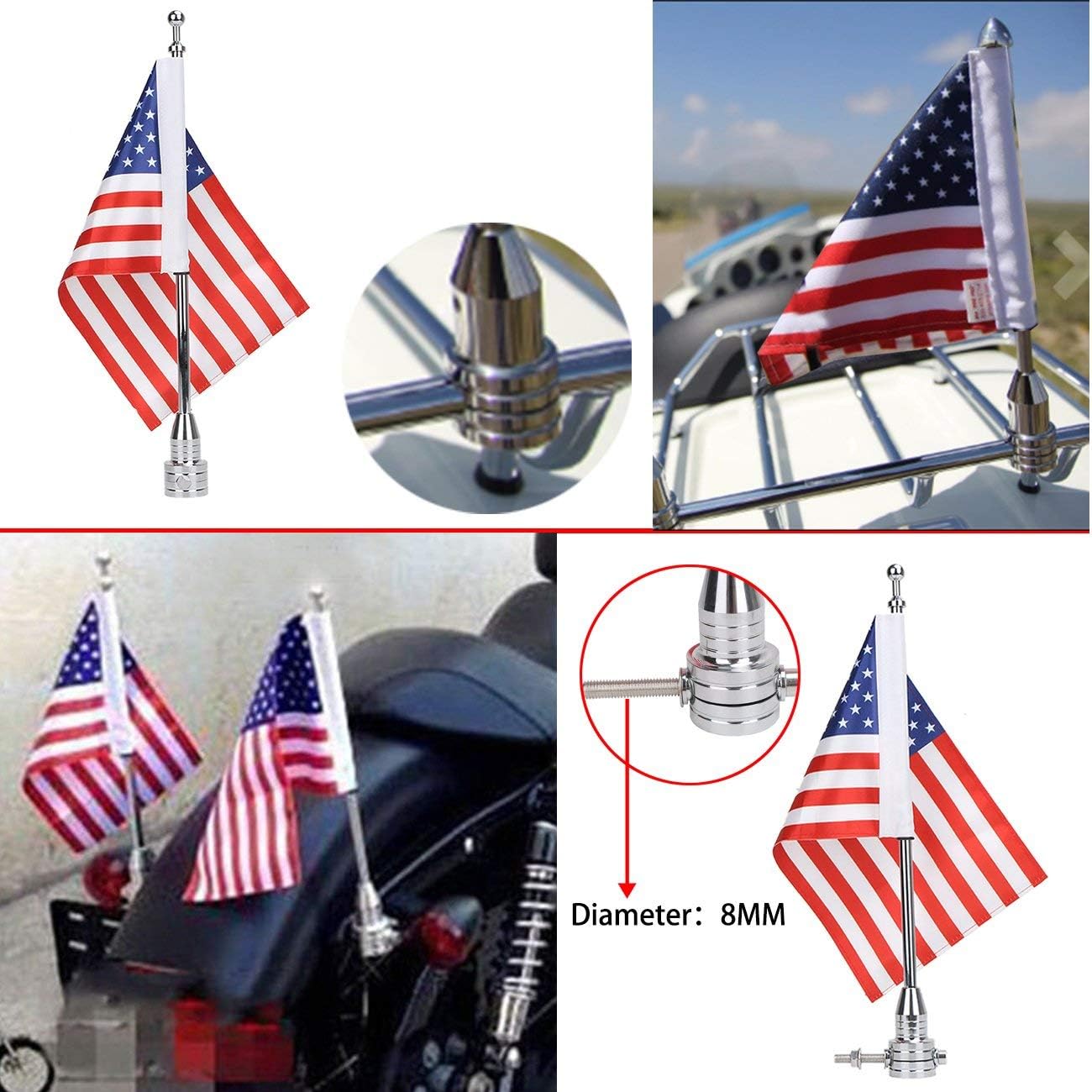 Motorcycle Flagpole Mount with Country Flags 6x9 for Harley Davidson Honda Goldwing CB VTX CBR Yamaha - Fits 1/2" Round Luggage Rack (American Flag)