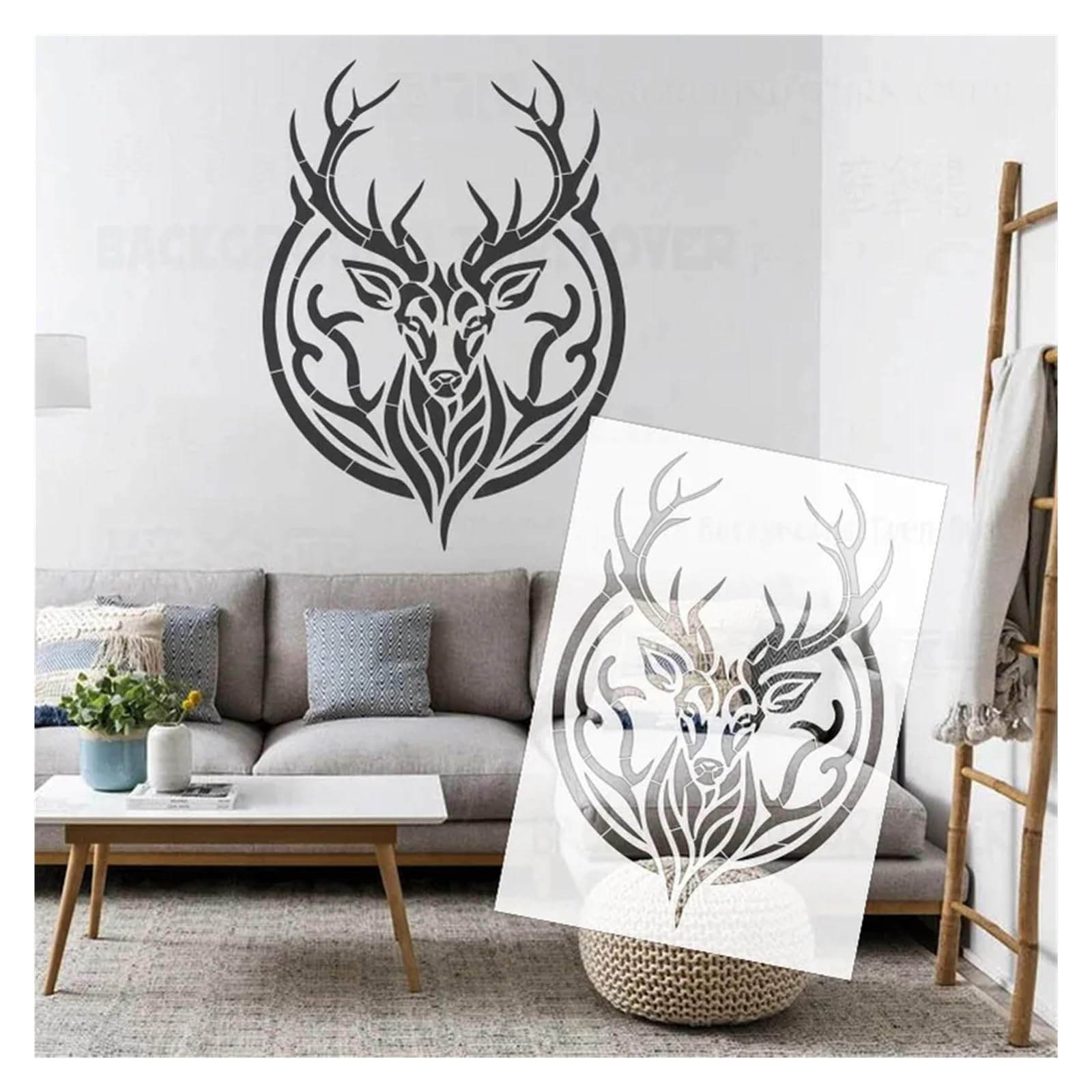 Pochoir totem tête de cerf for peinture 41 cm - 68 Modèle mural réutilisable for peindre du mastic, plâtre, des décors