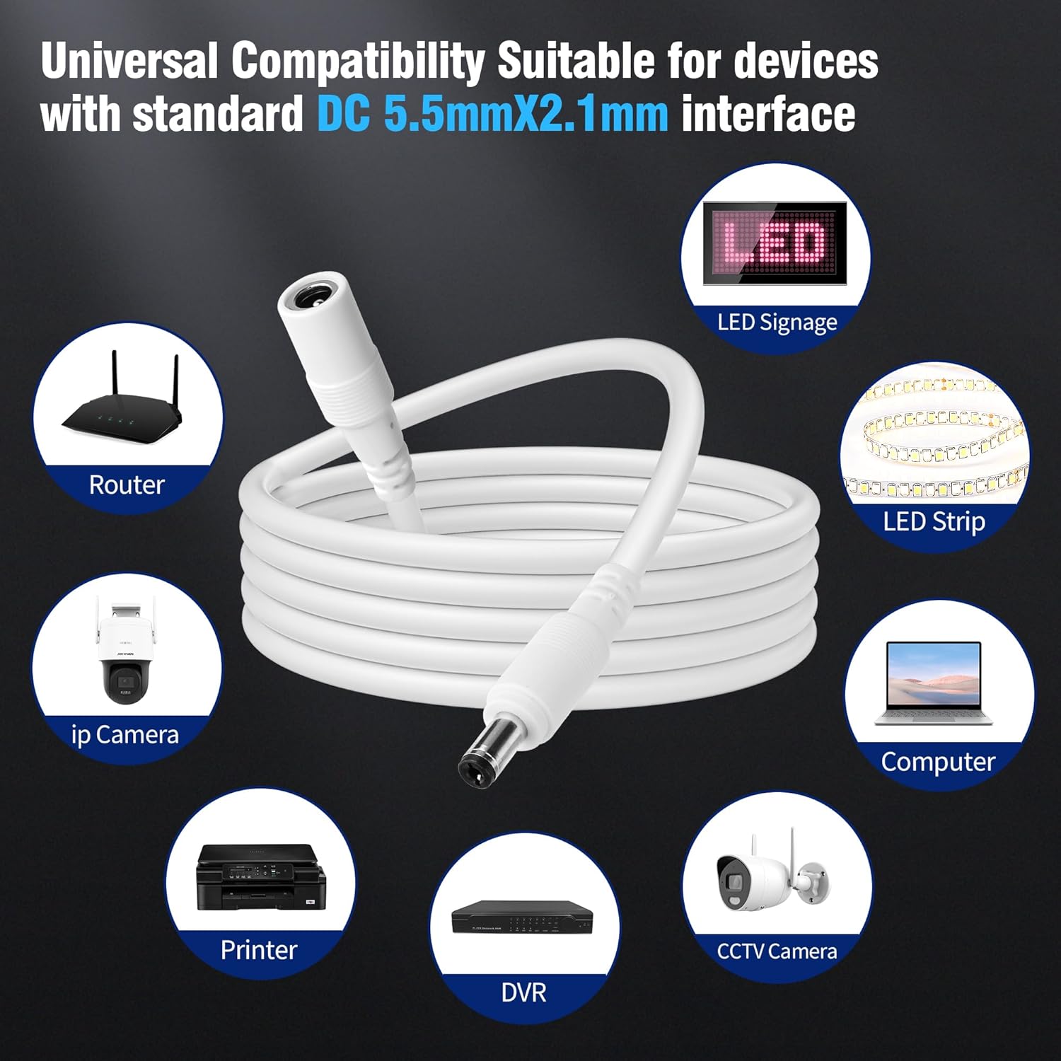 12V DC Power Extension Cable 2 Feet (2-Pack), 5.5 mm x 2.1 mm 5521 Male to Female 5V 9V 12V 24V Plug Supply Adapter Power Cord for CCTV Security Camera, IP Network, DVR Standalone, LED Strip, Router