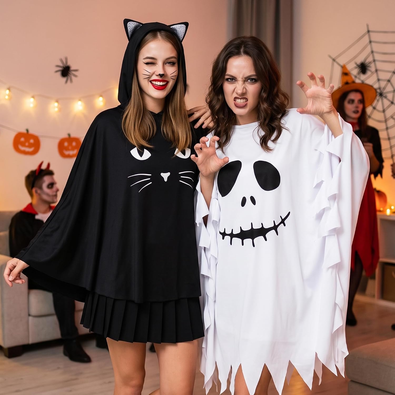 Black Cat Costume for Women, Glow in the Dark Halloween Poncho Hooded Cloak for Cosplay Themed Party