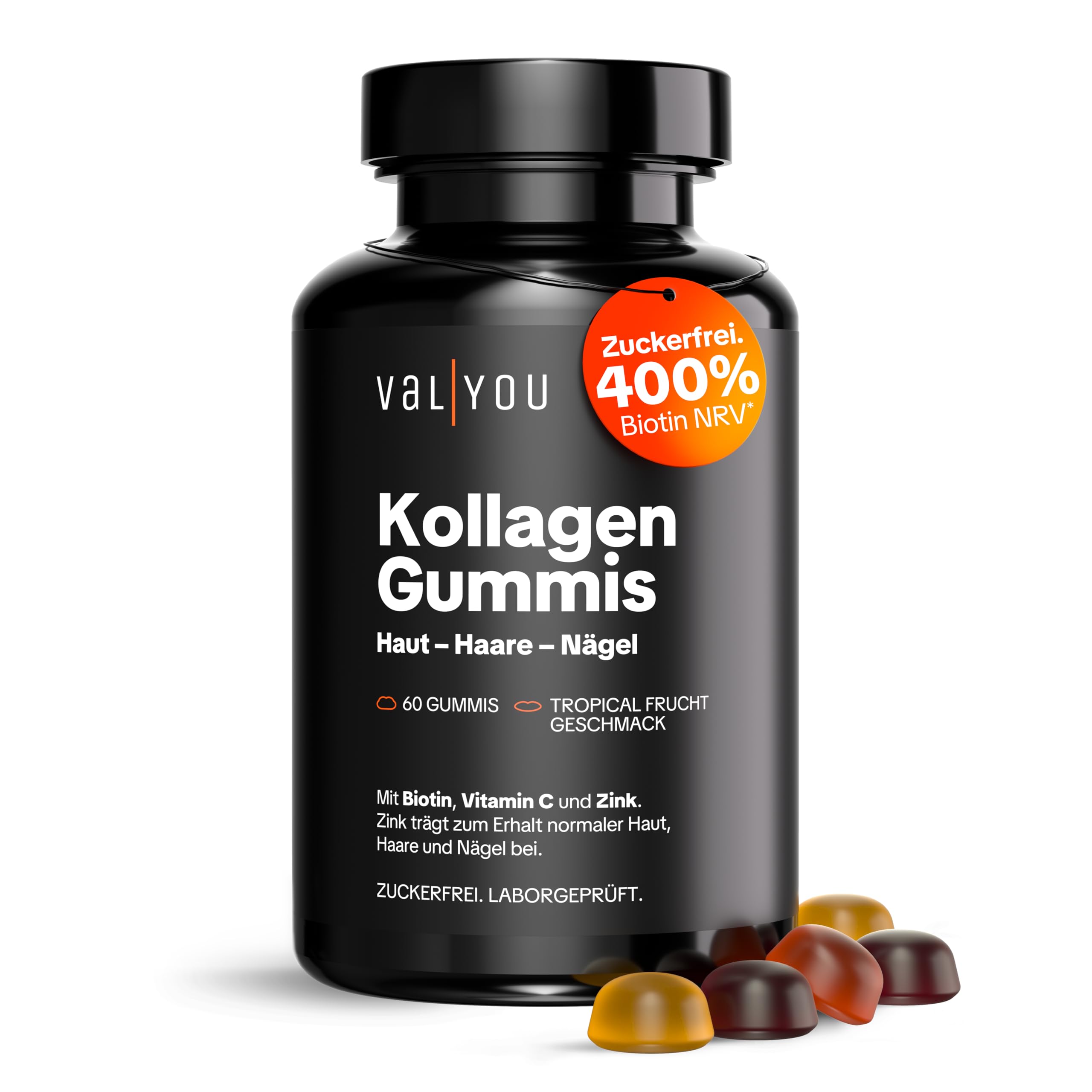 VALYOU Kollagen Gummis - 60 Stück für 2 Monate - Tropical Fruchtgeschmack | Zink & Biotin für Haut, Haare, Nägel - 1.200mg Kollagen aus Kollagenpeptiden - Beauty Routine - Zuckerfrei & laborgeprüft