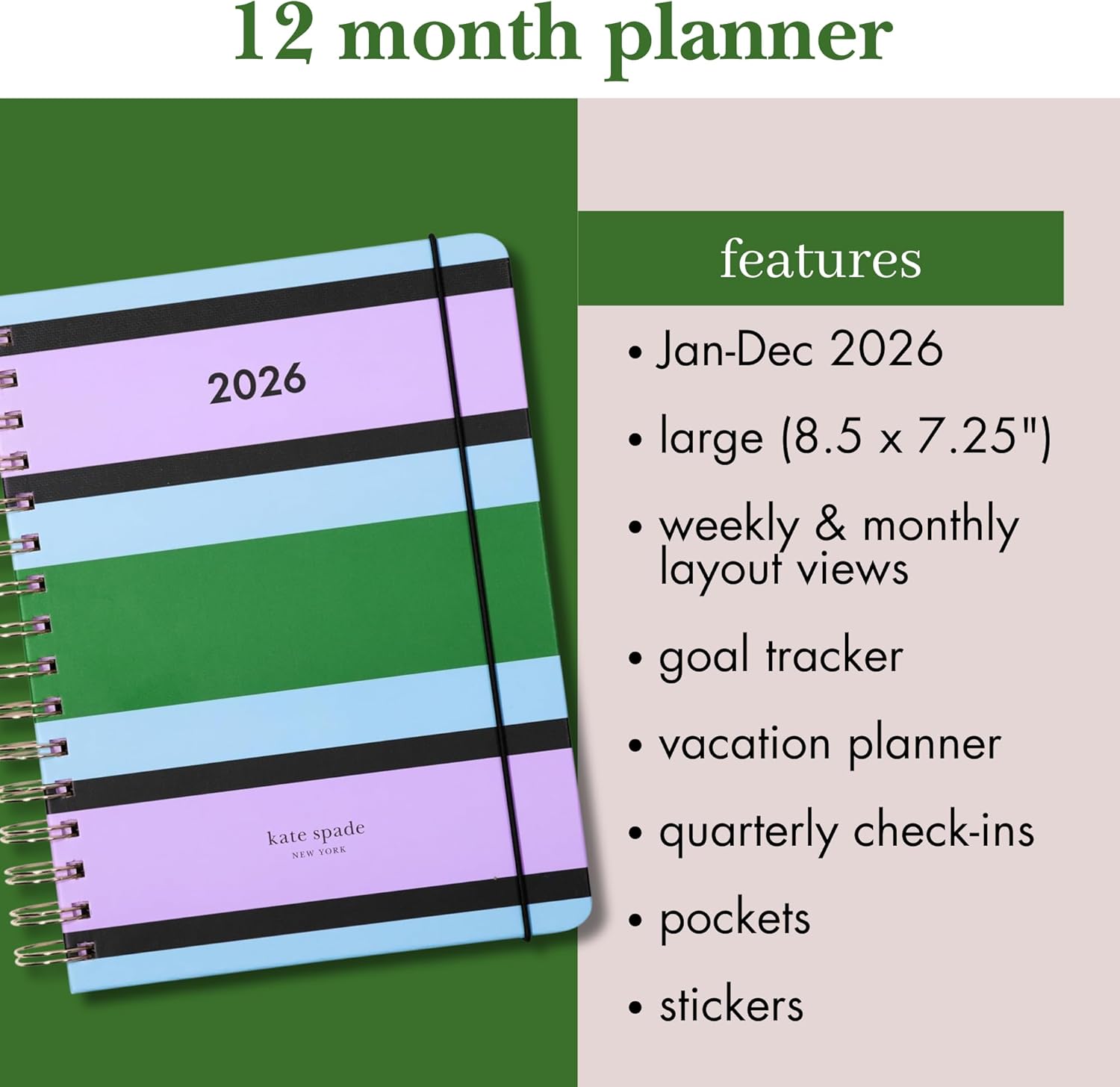 kate spade new york Daily Planner 2026 Large Agenda January-December 2026, Hardcover Weekly and Monthly Spiral Planner with Stickers (Downtown Stripe)